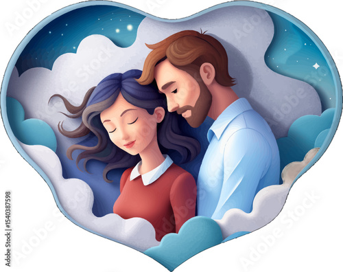 Dreamy Embrace: A romantic scene unfolds, featuring a couple nestled together within a heart-shaped frame. The artwork conveys a sense of tranquility, love, and a shared dream.