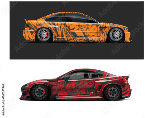 Two Custom Designed Race Cars with Abstract Wraps