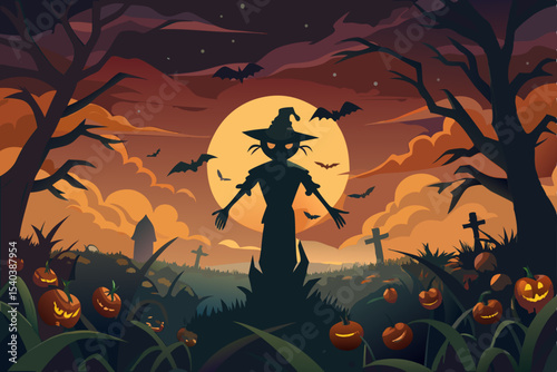 A spooky Halloween night illustration of a witch on a broom and a girl in the dark woods, silhouetted against an orange moonlit sky with bats and a scary tree