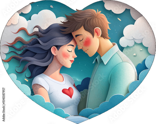 Eternal Embrace: A tender couple nestles in a loving embrace, their faces tenderly touching, enveloped within the gentle curve of a heart amid the clouds, whispering of everlasting love.