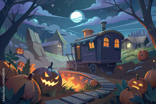 Spooky Halloween night with pumpkins, bats, and a dark castle under an autumn moon, perfect for a creepy holiday background illustration