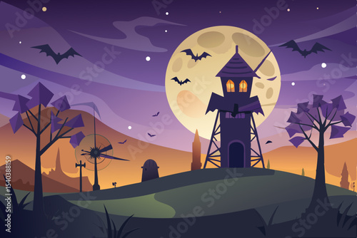 Spooky Halloween night with a haunted house and castle silhouette under a dark moonlit sky, featuring bats, creepy trees, and pumpkins, a perfect vector illustration for the October holiday horror
