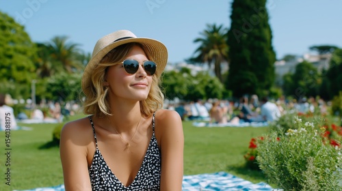 Young woman enjoying a sunny day in the park while wearing sunglasses and a hat