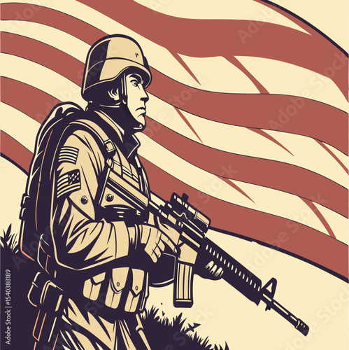 American Soldier in Military Uniform with Assault Rifle – Combat Readiness Concept