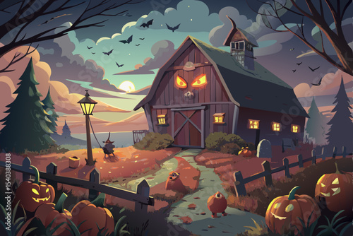 Spooky Halloween night landscape with a haunted house, full moon, and bats silhouetted against the dark sky, featuring a glowing pumpkin and autumn trees