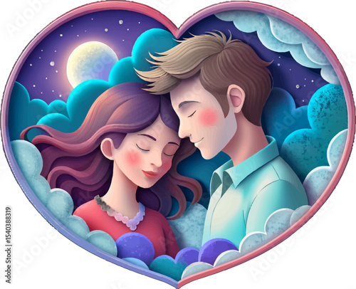 Love's Gentle Embrace: A tender couple, their heads gently touching within a heart-shaped frame, symbolizes everlasting love and peace, perfect for expressing romantic sentiments.