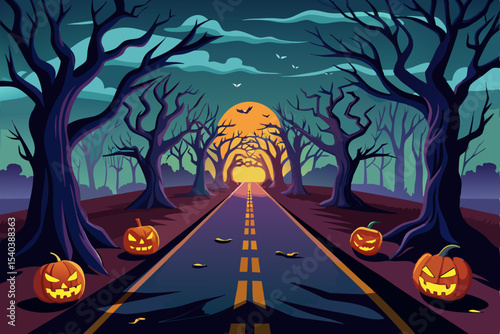 Spooky Halloween night with pumpkins, bats, and a haunted castle illustration under a full moon