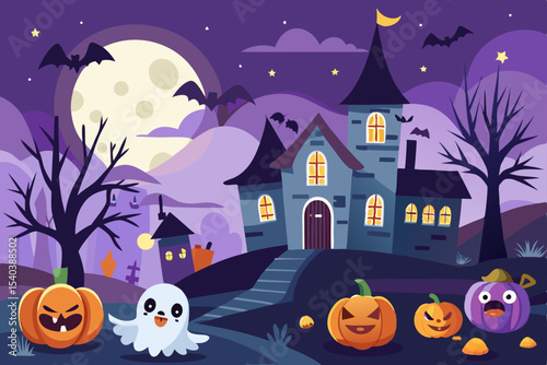 Spooky Halloween night background with haunted house, moon, pumpkins, and bats