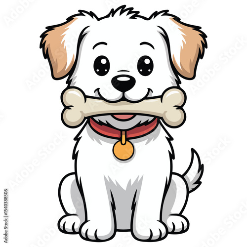 Dog chewing bone playful vector isolated white background