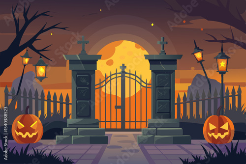Spooky Halloween night with a haunted house, creepy trees, and a silhouette of bats flying around a glowing moon and autumn pumpkins