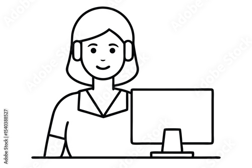 female customer service operator in front of a computer line art vector illustration