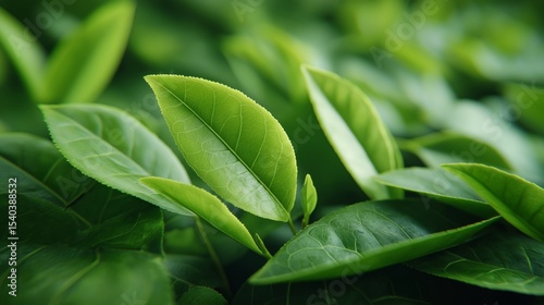 Fresh green tea leaves captured in a lush tea plantation during daylight hours