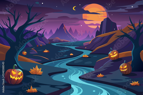 Spooky Halloween night background with pumpkins, a haunted house, and a witch's silhouette against a full moon