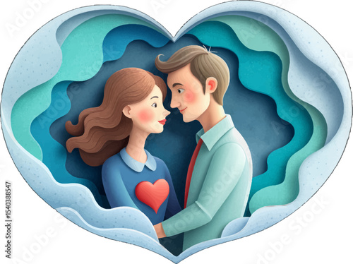 Eternal Embrace: A tender couple, enveloped in a heart-shaped embrace, their eyes locked in a moment of intimate connection and shared affection, rendered in a charming, illustrated style.