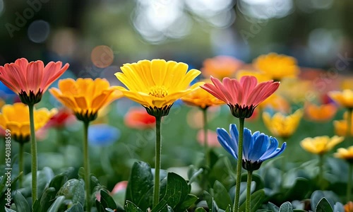 Colorful Daisies with Vibrant Petals in an Outdoor Garden Setting with Blurred Bokeh Background