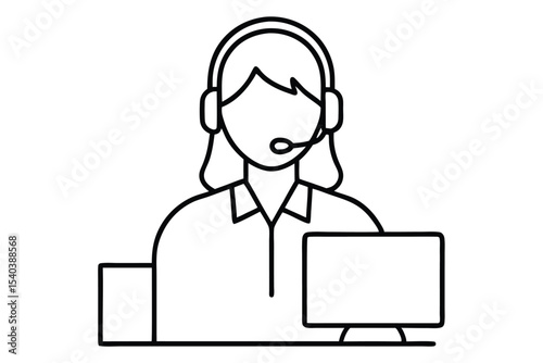 female customer service operator in front of a computer with a headset line art vector illustration