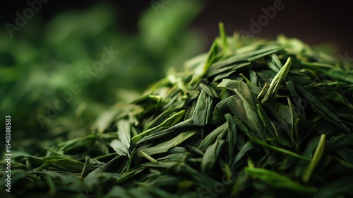 Green tea leaves are showcased in a close-up view, highlighting their freshness and quality