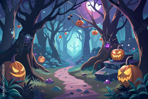 A whimsical autumn night illustration of a spooky fairy tale castle in a forest with a witch, bats, and a pumpkin under a crescent moon