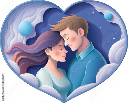 Eternal Embrace: A heartwarming illustration captures the tender intimacy of a couple nestled together within the symbolic embrace of a heart. Evoking feelings of love, connection.