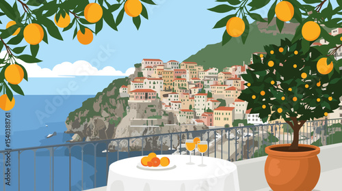 Vector illustration of a Mediterranean coastal village with colorful houses, oranges, sea view, and a table with drinks on a sunny terrace