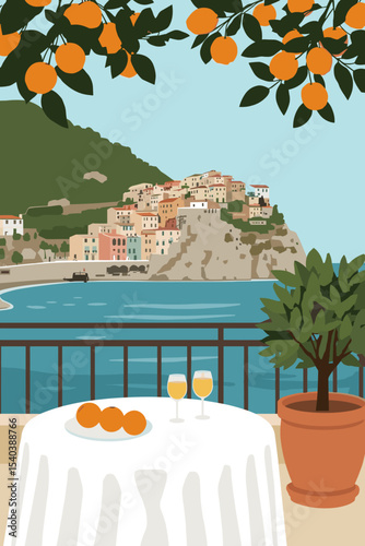 Vector illustration of a Mediterranean coastal village with colorful houses, oranges, sea view, and a table with drinks on a sunny terrace