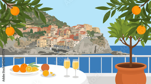 Vector illustration of a Mediterranean coastal village with colorful houses, oranges, sea view, and a table with drinks on a sunny terrace