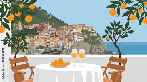 Vector illustration of a Mediterranean coastal village with colorful houses, oranges, sea view, and a table with drinks on a sunny terrace