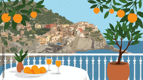 Vector illustration of a Mediterranean coastal village with colorful houses, oranges, sea view, and a table with drinks on a sunny terrace