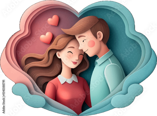 Eternal Bond: A heart-shaped emblem of love portrays a tender embrace between a couple, illustrating affection and romantic tenderness.