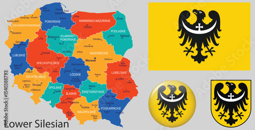 Vector set of Lower Silesia Region with flag, coat of arms, and map. Great for Polish regional identity, educational, and editorial use.
