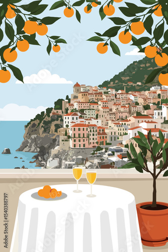 Vector illustration of a Mediterranean coastal village with colorful houses, oranges, sea view, and a table with drinks on a sunny terrace