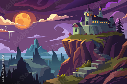 Spooky Halloween night landscape with a haunted castle, full moon, and flying bats
