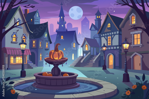 Spooky Halloween night scene with a haunted castle in the dark woods under a full moon, featuring scary bats and silhouetted trees
