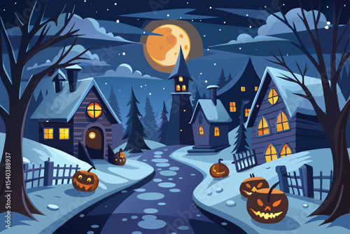 Spooky Halloween night with a haunted house and castle silhouette under a full moon, featuring bats, pumpkins, and a scary tree illustration