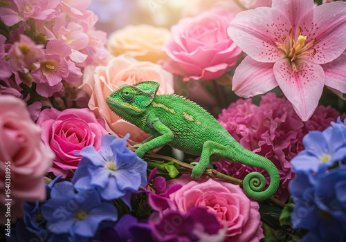Chameleon on Colorful Flowers: Stock Photo