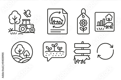Ecosystem Regeneration Icons. Line style icons of ecosystem regeneration: rewilding agriculture icon, rotational grazing file,