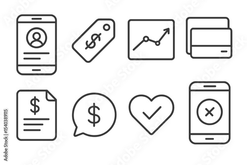 Mobile Banking Icons. Line style icons of mobile banking solutions: account overview icon, checking balance tag, recent activity