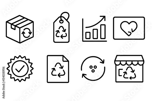 Ethical Consumption Icons. Line style icons of ethical consumption: second-life product icon, repurposed good tag, resale chart,