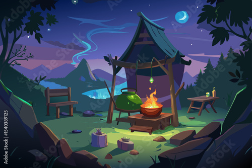A charming cartoon fairy tale castle in a summer forest landscape
