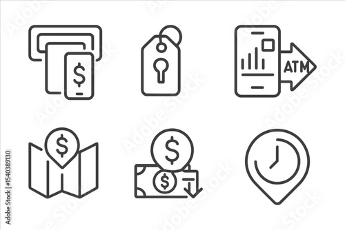 Mobile Banking Icons. Line style icons of mobile banking solutions: cardless ATM icon, access code tag, mobile scan chart, ATM