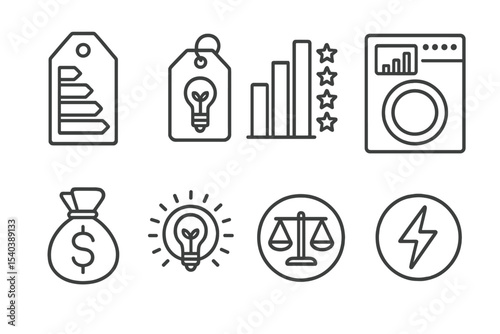 Ethical Consumption Icons. Line style icons of ethical consumption: energy label icon, smart usage tag, rating system chart,