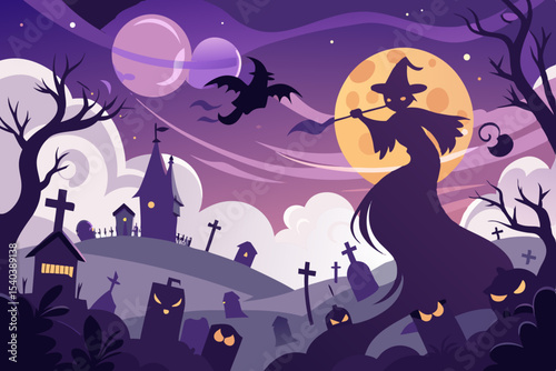 Spooky Halloween night with a haunted house and castle silhouettes under a full moon, surrounded by flying bats, a black cat, and twisted trees