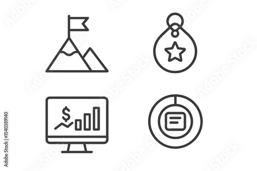 Mobile Banking Icons. Line style icons of mobile banking solutions: personal finance goal icon, milestone tag, money tracker chart