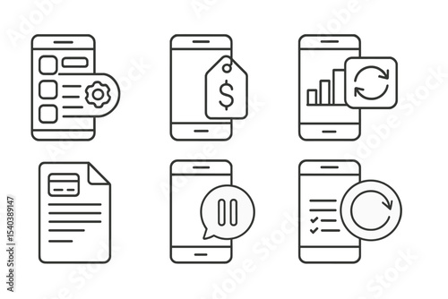 Mobile Banking Icons. Line style icons of mobile banking solutions: subscription management icon, auto-payment tag, recurring bill