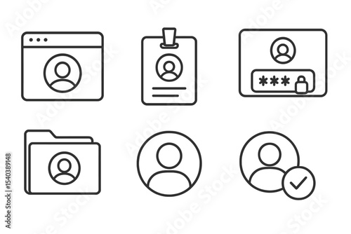 Digital Inclusion Icons. Line style icons of digital inclusion: online identity icon, digital ID tag, secure login chart, account