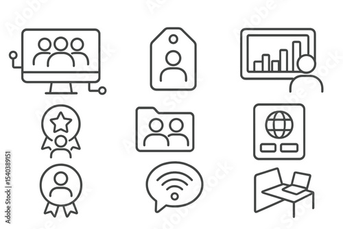 Digital Inclusion Icons. Line style icons of digital inclusion: community tech hub icon, local support tag, open lab chart, device