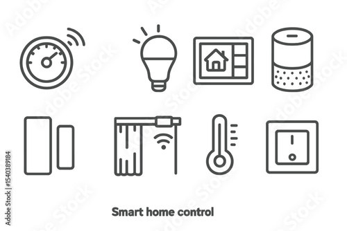 Smart Home Icons. Line style icons of smart home control: thermostat, smart bulb, control panel, voice assistant. door sensor,
