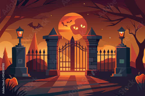Spooky Halloween night with a haunted house, full moon, and scary bats silhouetted against an autumn sky