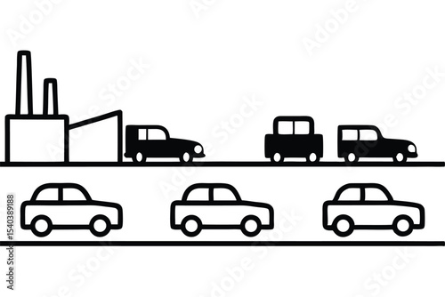 industrial car factory road back to back line art vector for children coloring book