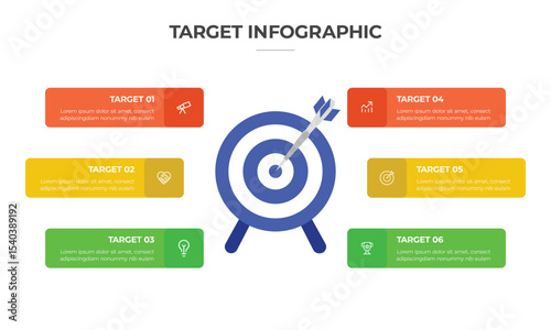 Target Infographic Template with Arrow Hitting Bullseye, Business Goals, Strategy, and Success Concept